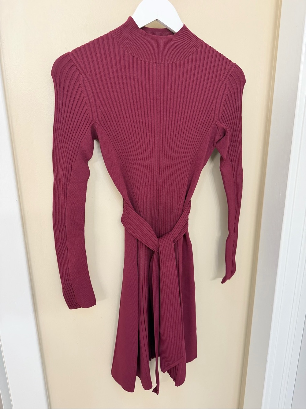 Shoshanna Ribbed Long-Sleeve Tie-Waist Dress in Burgundy NWT